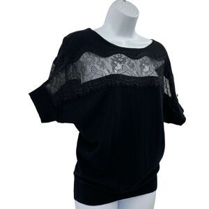 Tara Jarmon Short Sleeve Lace Sweater Womens size Large Black Wool Blend